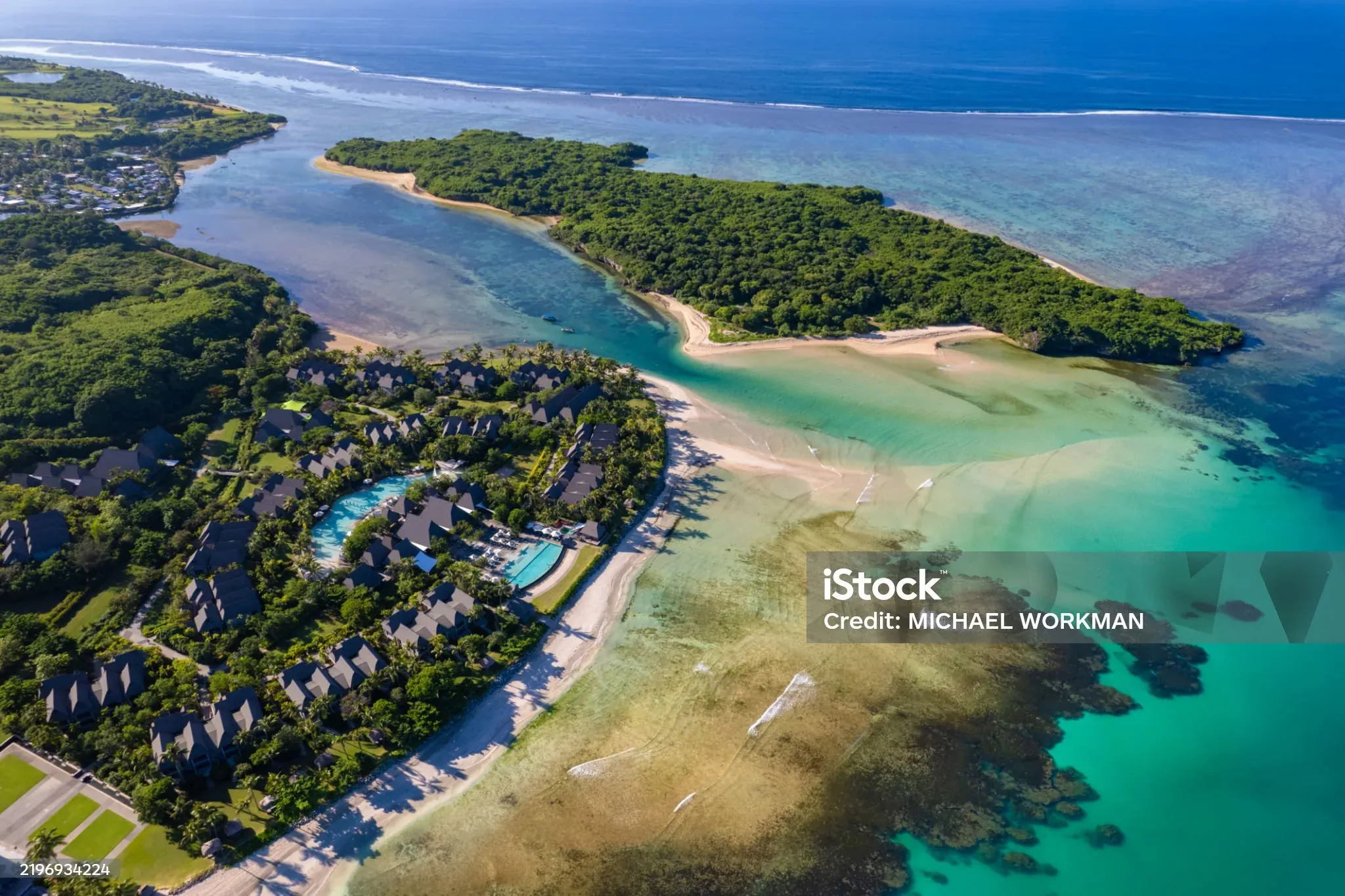 Aerial view of a Fijian island resort